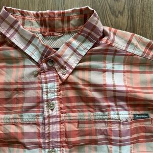 Eddie Bauer Mens Shirt XL Tall Orange Plaid Short Sleeve Performance Pocket Hike